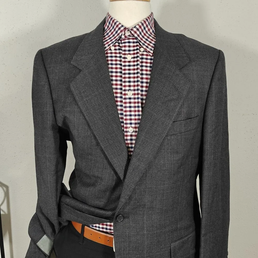 JOS A BANK‎ Men's Sport Coat Blazer Two Button Charcoal Houndstooth Wool 44L